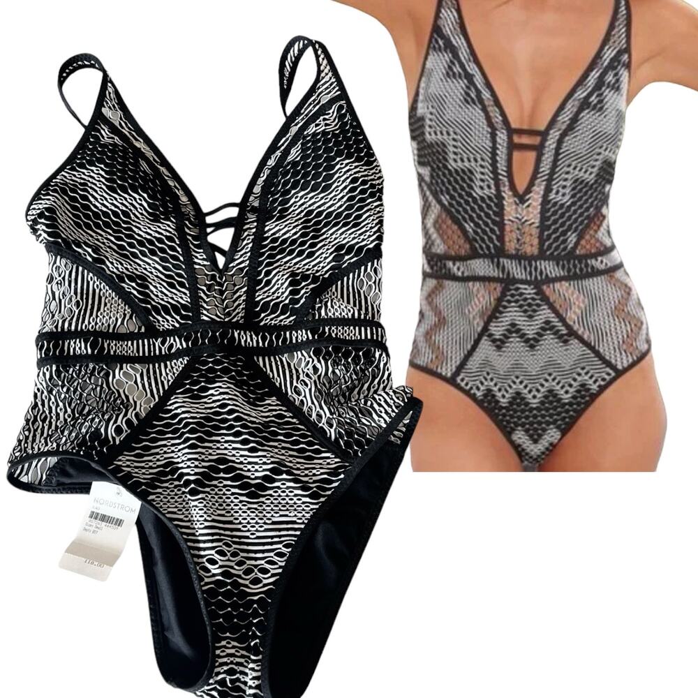 NEW BECCA Reveal Plunge One Piece SWIMSUIT SM Womens Black Crochet Bathing Suit!